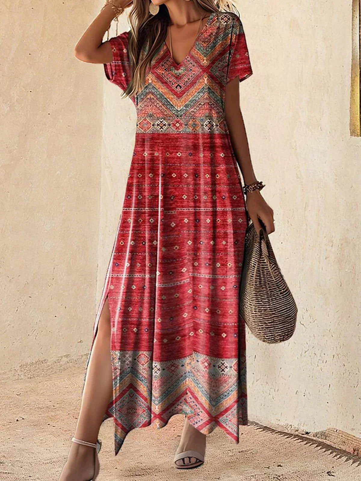 Nadia - Boho Chic Geometrisches Maxi Kleid mit V-Ausschnitt und Kurzärmeln